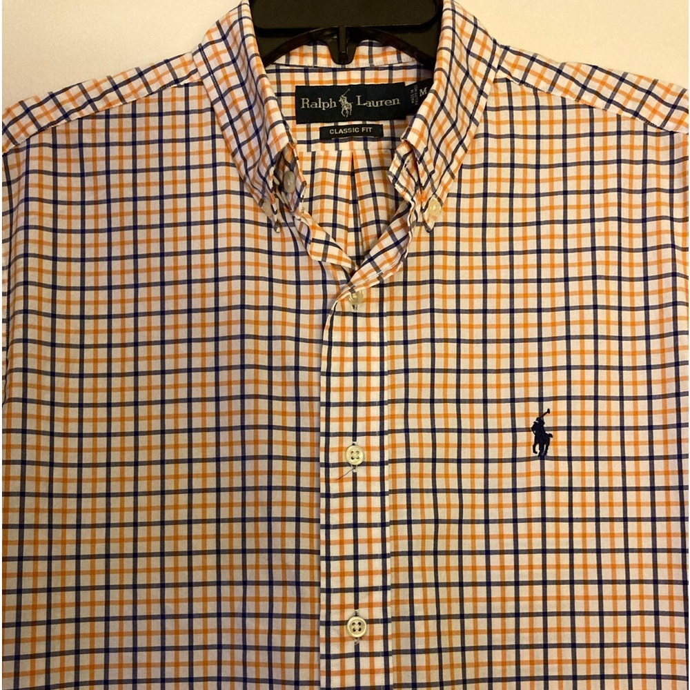 Ralph Lauren 100% Linen Orange Blue Check Size M Short Sleeve .